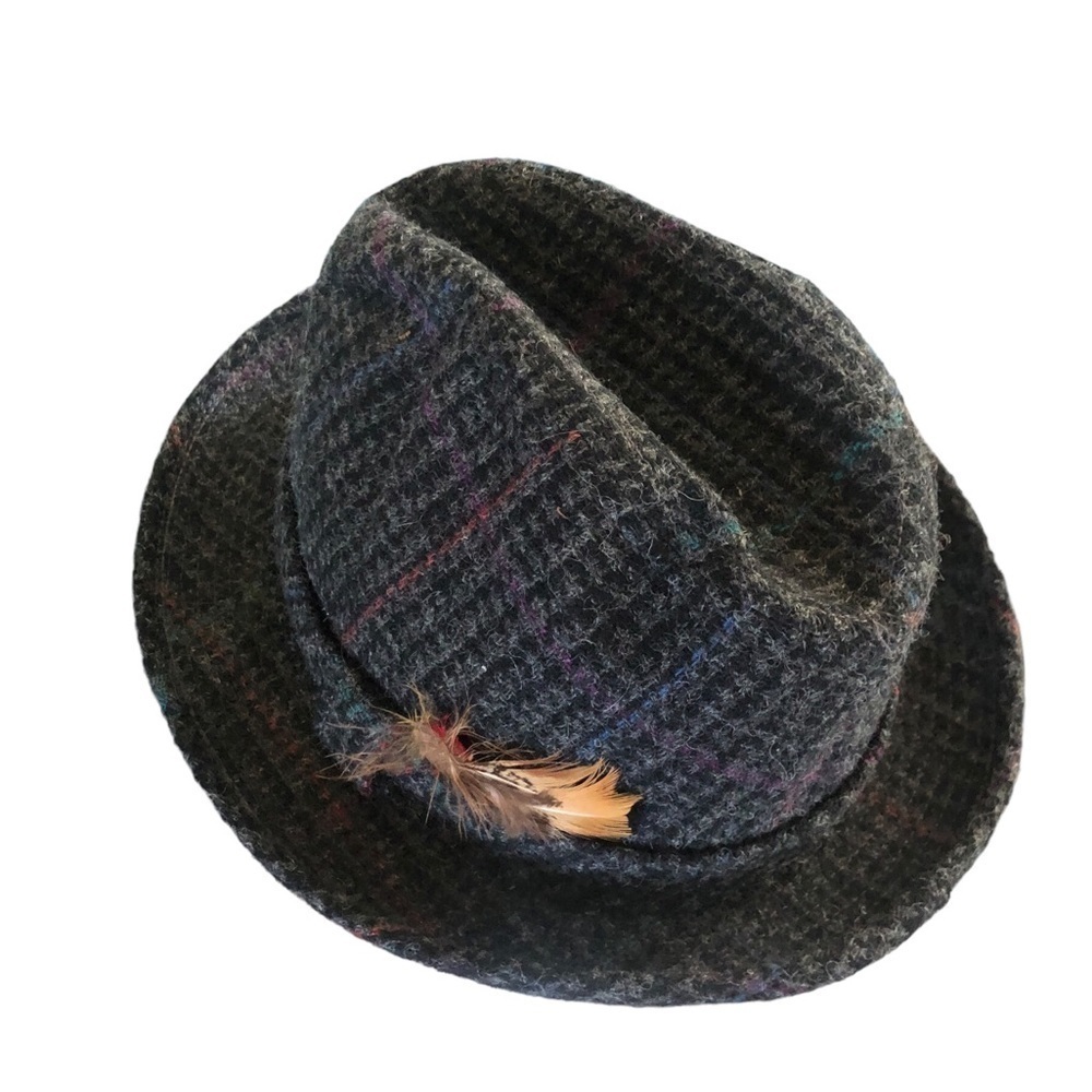 Dobbs Fifth Avenue Vintage Wool Plaid Fedora Hat Black Gray Feather Sz. S